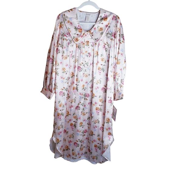 NWT VINTAGE BARBIZON Cuddleskin Satin Pink Floral Nightgown Medium Modest *Flaw - Picture 1 of 14